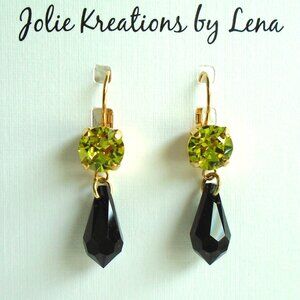 NWT ~ Jet Black and Citrine Green Teardrop Austrian Crystal Vintage Earrings